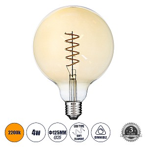 Glint® Λάμπα Led Soft S Spiral Filament E27 G125 Γλόμπος 4W 280Lm 360° Ac 220-240V Ip20 Φ12.5 X Υ18Cm Ultra Θερμό Λευκό 2200K Με Μελί Γυαλί - Dimmable