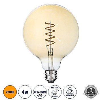 Glint® Λάμπα Led Soft S Spiral Filament E27 G125 Γλόμπος 4W 280Lm 360° Ac 220-240V Ip20 Φ12.5 X Υ18Cm Ultra Θερμό Λευκό 2200K Με Μελί Γυαλί - Dimmable