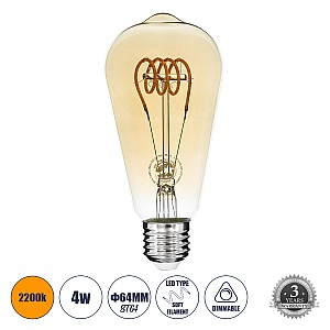 Glint® Λάμπα Led Soft T Spiral Filament E27 St64 Αχλάδι 4W 280Lm 360° Ac 220-240V Ip20 Φ6.4 X Υ14Cm Ultra Θερμό Λευκό 2200K Με Μελί Γυαλί Dimmable