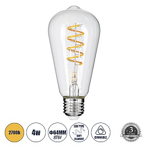 Glint® Λάμπα Led Soft S Spiral Filament E27 St64 Αχλάδι 4W 300Lm 360° Ac 220-240V Ip20 Φ6.4 X Υ14Cm Θερμό Λευκό 2700K Με Διάφανο Γυαλί - Dimmable