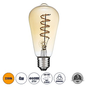 Glint® Λάμπα Led Soft S Spiral Filament E27 St64 Αχλάδι 4W 280Lm 360° Ac 220-240V Ip20 Φ6.4 X Υ14Cm Ultra Θερμό Λευκό 2200K Με Μελί Γυαλί - Dimmable