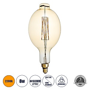 Glint® Λάμπα Led Long Filament E27 Bt180 Mangos Γλόμπος 8W 720Lm 360° Ac 220-240V Ip20 Φ18 X Υ39Cm Ultra Θερμό Λευκό 2200K Με Μελί Γυαλί - Dimmable