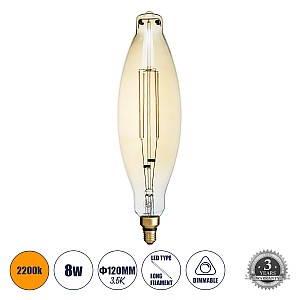 Glint® Λάμπα Led Long Filament E27 3.5K Avocados Γλόμπος 8W 650Lm 360° Ac 220-240V Ip20 Φ12 X Υ44Cm Ultra Θερμό Λευκό 2200K Με Μελί Γυαλί Dimmable