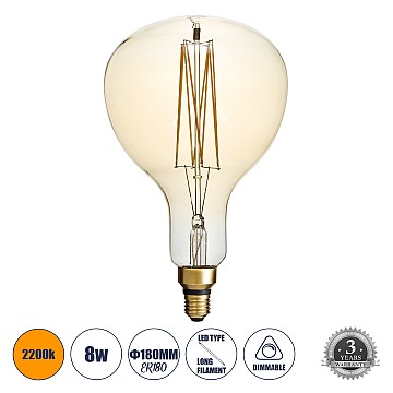 Glint® Λάμπα Led Long Filament E27 Er180 Papayas Γλόμπος 8W 720Lm 360° Ac 220-240V Ip20 Φ18 X Υ30Cm Ultra Θερμό Λευκό 2200K Με Μελί Γυαλί - Dimmable