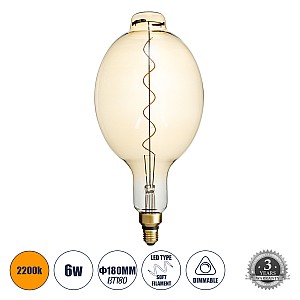 Glint® Λάμπα Led Soft S Spiral Filament E27 Bt180 Mangos Γλόμπος 6W 420Lm 360° Ac 220-240V Ip20 Φ18 X Υ39Cm Ultra Θερμό Λευκό 2200K Με Μελί Γυαλί - Dimmable