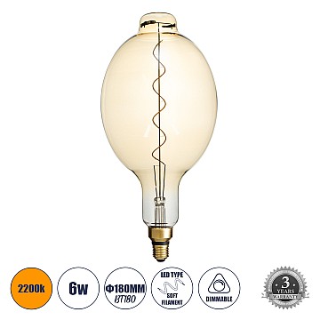 Glint® Λάμπα Led Soft S Spiral Filament E27 Bt180 Mangos Γλόμπος 6W 420Lm 360° Ac 220-240V Ip20 Φ18 X Υ39Cm Ultra Θερμό Λευκό 2200K Με Μελί Γυαλί - Dimmable