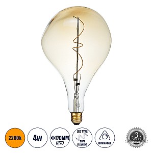 Glint® Λάμπα Led Soft S Spiral Filament E27 R170 Rock Γλόμπος 4W 280Lm 360° Ac 220-240V Ip20 Φ16.5 X Υ28Cm Ultra Θερμό Λευκό 2200K Με Μελί Γυαλί Dimmable