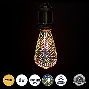 Glint® Λάμπα Led Long Filament E27 St64 Αχλάδι 3D Galaxy Effect 3W 201Lm 360° Ac 220-240V Ip20 Φ6.4 X Υ14Cm Θερμό Λευκό 2700K Με Galaxy Mirror Γυαλί - Dimmable