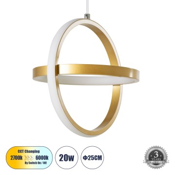 GLOBOSTAR® ALICE  Μοντέρνο Κρεμαστό Φωτιστικό Οροφής LED 20W 2400lm 300° AC 220-240V IP20 Ρυθμιζόμενο Λευκό CCT με On/Off 2700K/4500K/6000K - Lumileds SMD Chip - Χρυσό Βούρτσας - Μ25 x Π22 x Υ25cm