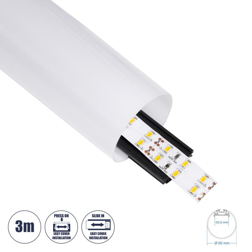 GLOBOSTAR® ALP-ROUND TUBIT  Επιφανειακό & Κρεμαστό Προφίλ Αλουμινίου με Λευκό Γαλακτερό Πατητό Κάλυμμα για Ταινίες LED IP20 - Μαύρο & Λευκό - Μ300 x Π6 x Υ6cm