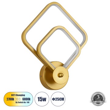 GLOBOSTAR® ANNA  Μοντέρνο Φωτιστικό Τοίχου - Απλίκα LED 15W 1800lm 300° AC 220-240V IP20 Ρυθμιζόμενο Λευκό CCT με On/Off 2700K/4500K/6000K - Lumileds SMD Chip - Χρυσό Βούρτσας - Μ25 x Π8 x Υ30cm