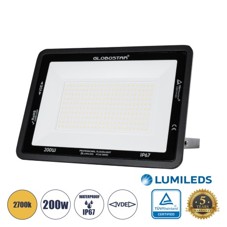GLOBOSTAR® ATLAS  Προβολέας LED 200W 23000lm 120° AC 220-240V Αδιάβροχο IP67 Θερμό Λευκό 2700K - Lumileds SMD Chip  - Μαύρο Ματ - Μ38 x Π4 x Υ28cm