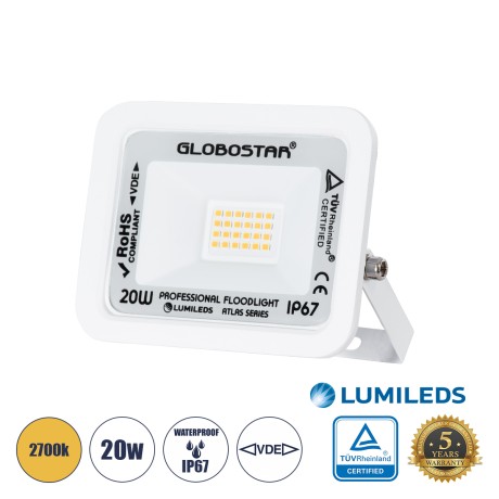 GLOBOSTAR® ATLAS  Προβολέας LED 20W 2300lm 120° AC 220-240V Αδιάβροχο IP67 Θερμό Λευκό 2700K - Lumileds SMD Chip  - Λευκό Ματ - Μ12 x Π2.5 x Υ9.5cm