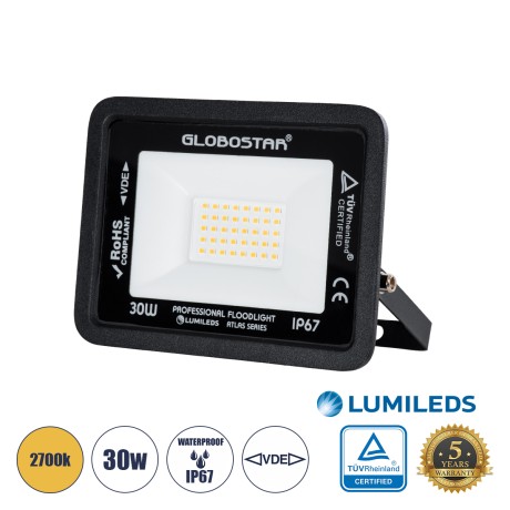 GLOBOSTAR® ATLAS  Προβολέας LED 30W 3450lm 120° AC 220-240V Αδιάβροχο IP67 Θερμό Λευκό 2700K - Lumileds SMD Chip  - Μαύρο Ματ - Μ16 x Π2.5 x Υ12.5cm