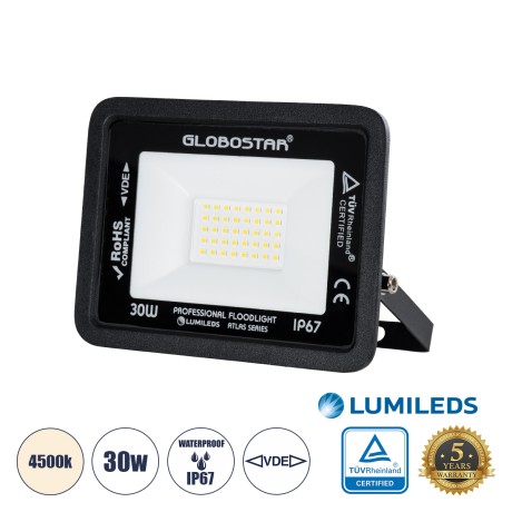 GLOBOSTAR® ATLAS  Προβολέας LED 30W 3600lm 120° AC 220-240V Αδιάβροχο IP67 Φυσικό Λευκό 4500K - Lumileds SMD Chip  - Μαύρο Ματ - Μ16 x Π2.5 x Υ12.5cm