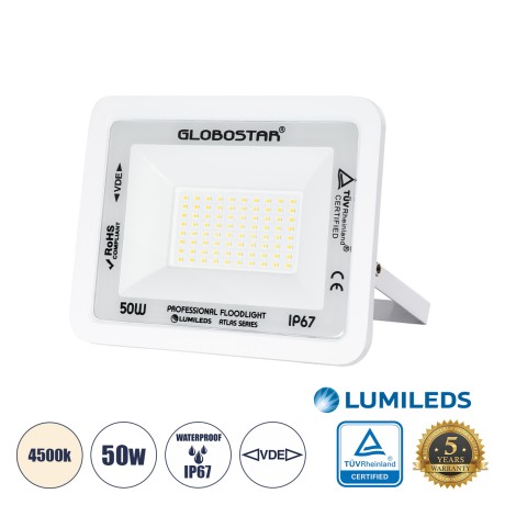 GLOBOSTAR® ATLAS  Προβολέας LED 50W 6000lm 120° AC 220-240V Αδιάβροχο IP67 Φυσικό Λευκό 4500K - Lumileds SMD Chip  - Λευκό Ματ - Μ21 x Π3.5 x Υ16cm