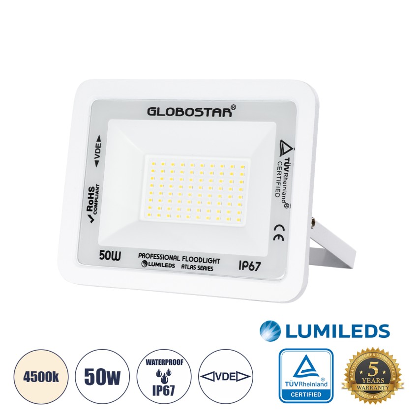 GLOBOSTAR® ATLAS  Προβολέας LED 50W 6000lm 120° AC 220-240V Αδιάβροχο IP67 Φυσικό Λευκό 4500K - Lumileds SMD Chip  - Λευκό Ματ - Μ21 x Π3.5 x Υ16cm
