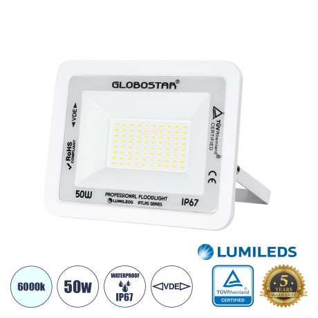 GLOBOSTAR® ATLAS  Προβολέας LED 50W 6250lm 120° AC 220-240V Αδιάβροχο IP67 Ψυχρό Λευκό 6000K - Lumileds SMD Chip  - Λευκό Ματ - Μ21 x Π3.5 x Υ16cm
