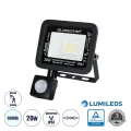 GLOBOSTAR® AURORA 64137 Προβολέας με Ανιχνευτή PIR / Αισθητήρα Κίνησης LED 20W 2500lm 120° AC 220-240V Αδιάβροχο IP67 Ψυχρό Λευκό 6000K - Lumileds SMD Chip  - Μαύρο Ματ - Μ12 x Π5 x Υ14.5cm