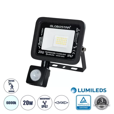GLOBOSTAR® AURORA 64137 Προβολέας με Ανιχνευτή PIR / Αισθητήρα Κίνησης LED 20W 2500lm 120° AC 220-240V Αδιάβροχο IP67 Ψυχρό Λευκό 6000K - Lumileds SMD Chip  - Μαύρο Ματ - Μ12 x Π5 x Υ14.5cm
