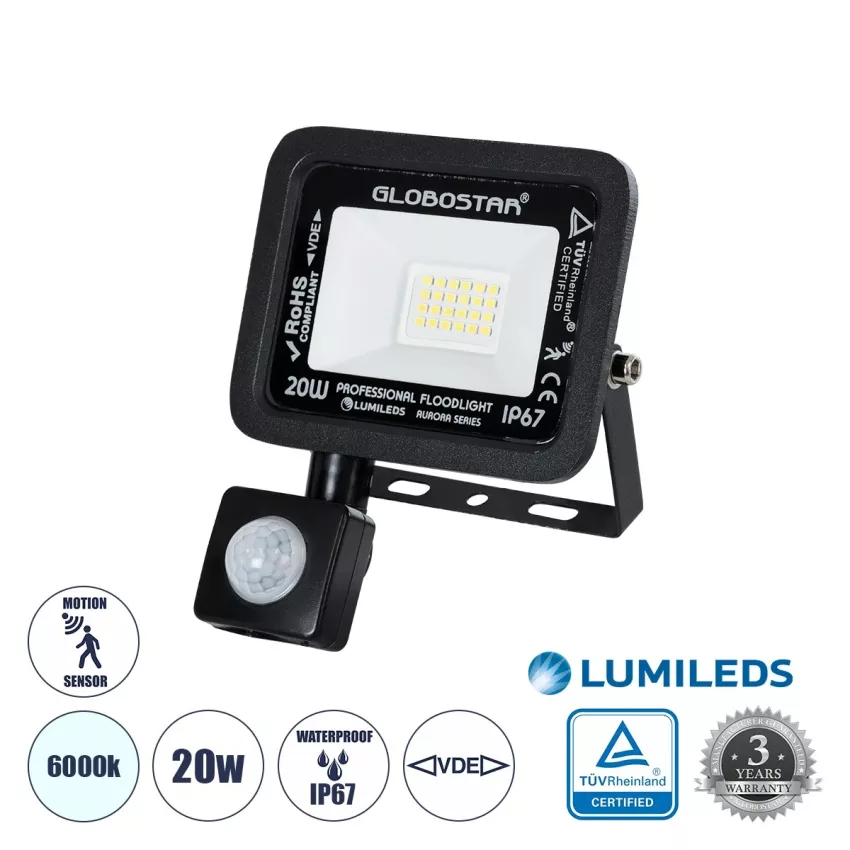 GLOBOSTAR® AURORA 64137 Προβολέας με Ανιχνευτή PIR / Αισθητήρα Κίνησης LED 20W 2500lm 120° AC 220-240V Αδιάβροχο IP67 Ψυχρό Λευκό 6000K - Lumileds SMD Chip  - Μαύρο Ματ - Μ12 x Π5 x Υ14.5cm