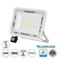 GLOBOSTAR® AURORA  Προβολέας με Ανιχνευτή PIR / Αισθητήρα Κίνησης LED 100W 12500lm 120° AC 220-240V Αδιάβροχο IP67 Ψυχρό Λευκό 6000K - Lumileds SMD Chip  - Λευκό Ματ - Μ25 x Π6.5 x Υ27.5cm