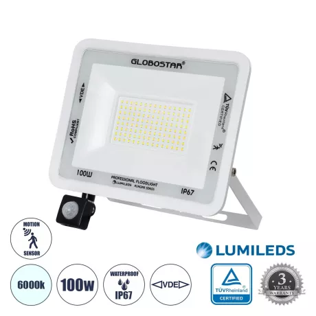 GLOBOSTAR® AURORA  Προβολέας με Ανιχνευτή PIR / Αισθητήρα Κίνησης LED 100W 12500lm 120° AC 220-240V Αδιάβροχο IP67 Ψυχρό Λευκό 6000K - Lumileds SMD Chip  - Λευκό Ματ - Μ25 x Π6.5 x Υ27.5cm