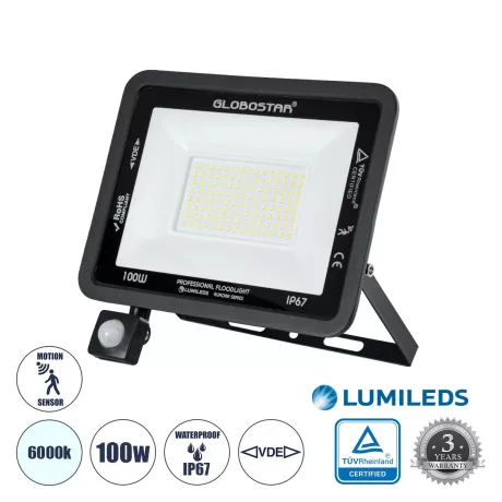 GLOBOSTAR® AURORA  Προβολέας με Ανιχνευτή PIR / Αισθητήρα Κίνησης LED 100W 12500lm 120° AC 220-240V Αδιάβροχο IP67 Ψυχρό Λευκό 6000K - Lumileds SMD Chip  - Μαύρο Ματ - Μ25 x Π6.5 x Υ27.5cm