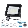 GLOBOSTAR® AURORA  Προβολέας με Ανιχνευτή PIR / Αισθητήρα Κίνησης LED 50W 6250lm 120° AC 220-240V Αδιάβροχο IP67 Ψυχρό Λευκό 6000K - Lumileds SMD Chip  - Μαύρο Ματ - Μ21 x Π5 x Υ21cm