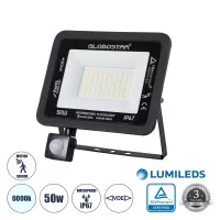 GLOBOSTAR® AURORA  Προβολέας με Ανιχνευτή PIR / Αισθητήρα Κίνησης LED 50W 6250lm 120° AC 220-240V Αδιάβροχο IP67 Ψυχρό Λευκό 6000K - Lumileds SMD Chip  - Μαύρο Ματ - Μ21 x Π5 x Υ21cm