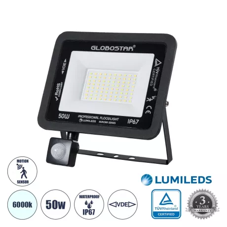 GLOBOSTAR® AURORA  Προβολέας με Ανιχνευτή PIR / Αισθητήρα Κίνησης LED 50W 6250lm 120° AC 220-240V Αδιάβροχο IP67 Ψυχρό Λευκό 6000K - Lumileds SMD Chip  - Μαύρο Ματ - Μ21 x Π5 x Υ21cm