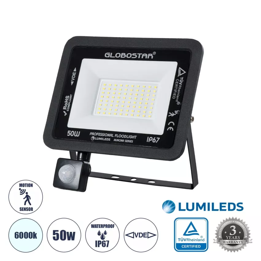 GLOBOSTAR® AURORA  Προβολέας με Ανιχνευτή PIR / Αισθητήρα Κίνησης LED 50W 6250lm 120° AC 220-240V Αδιάβροχο IP67 Ψυχρό Λευκό 6000K - Lumileds SMD Chip  - Μαύρο Ματ - Μ21 x Π5 x Υ21cm