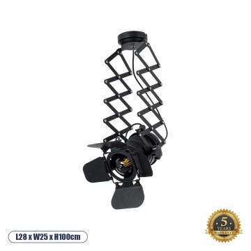 GLOBOSTAR® BROADWAY  Vintage Φωτιστικό Οροφής με Ντουί 1 x E27 AC 220-240V IP20 - Μαύρο - Μ28 x Π25 x Υ100cm