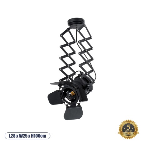 GLOBOSTAR® BROADWAY  Vintage Φωτιστικό Οροφής με Ντουί 1 x E27 AC 220-240V IP20 - Μαύρο - Μ28 x Π25 x Υ100cm