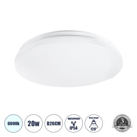 GLOBOSTAR® CELANO  Φωτιστικό Πλαφονιέρα Οροφής LED 20W 2000lm 120° AC 220-240V Αδιάβροχο IP54 Ψυχρό Λευκό 6000K - Lumileds SMD Chip - Λευκό Γαλακτερό - Μ26 x Π26 x Υ6cm