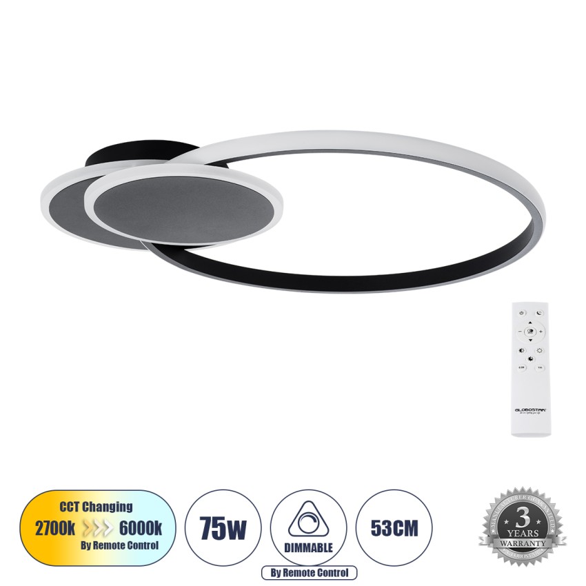 GLOBOSTAR® CIRCUO  Μοντέρνο Φωτιστικό Οροφής LED 75W 8400lm 360° AC 220-240V IP20 Ρυθμιζόμενο Λευκό CCT με Χειριστήριο από 2700K έως 6000K Dimmable - Lumileds SMD Chip - Μαύρο Ματ - Μ53 x Π42.5 x Υ9cm