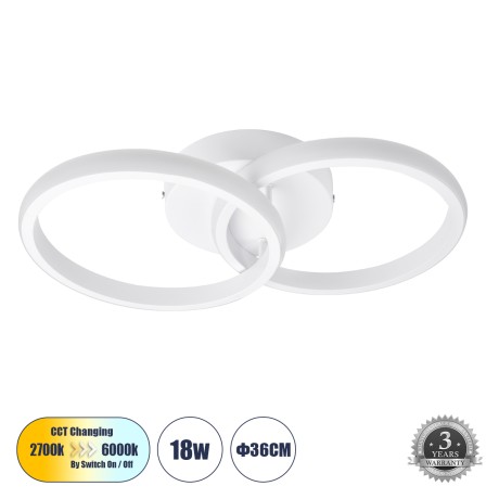GLOBOSTAR® CORA  Μοντέρνο Φωτιστικό Οροφής LED 18W 2160lm 300° AC 220-240V IP20 Ρυθμιζόμενο Λευκό CCT με On/Off 2700K/4500K/6000K - Lumileds SMD Chip - Λευκό Ματ - Μ36 x Π20.5 x Υ7cm
