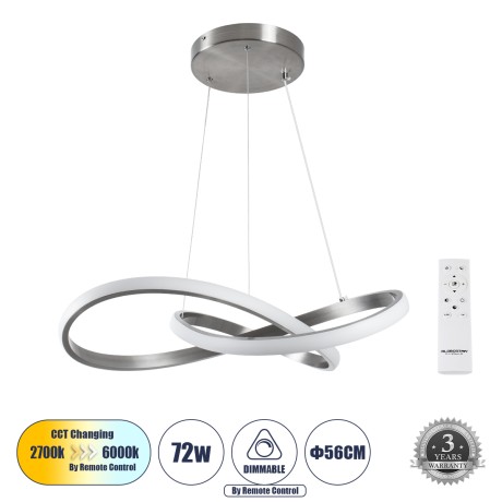GLOBOSTAR® DEXTER  Μοντέρνο Κρεμαστό Φωτιστικό Οροφής LED 72W 8064lm 300° AC 220-240V IP20 Ρυθμιζόμενο Λευκό CCT με Χειριστήριο από 2700K έως 6000K Dimmable - Lumileds SMD Chip - Νίκελ Βούρτσας - Μ56 x Π56 x Υ14cm