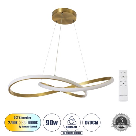 GLOBOSTAR® DEXTER  Μοντέρνο Κρεμαστό Φωτιστικό Οροφής LED 90W 10080lm 300° AC 220-240V IP20 Ρυθμιζόμενο Λευκό CCT με Χειριστήριο από 2700K έως 6000K Dimmable - Lumileds SMD Chip - Σατινέ Χρυσό Βούρτσας - Μ73 x Π73 x Υ16cm