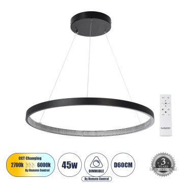 GLOBOSTAR® DIAMOND  Μοντέρνο Κρεμαστό Φωτιστικό Οροφής LED 45W 5040lm 360° AC 220-240V IP20 Ρυθμιζόμενο Λευκό CCT με Χειριστήριο από 2700K έως 6000K Dimmable - Lumileds SMD Chip - Μαύρο Ματ - Μ60 x Π60 x Υ3cm