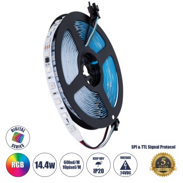 GLOBOSTAR® DIGIPRO  Ψηφιακή Pixel Addressable Ταινία LED 14.4W/m 864lm/m 120° DC 24V IP20 60 x SMD5050 Chip/m 10 x Pixel/m Πολύχρωμο RGB Dimmable SPI/TTL Protocol IC WS2811/SM16703P - Sanan SMD Chip - Μ500 x Π1 x Υ0.2cm - Ρολό 5 Μέτρων