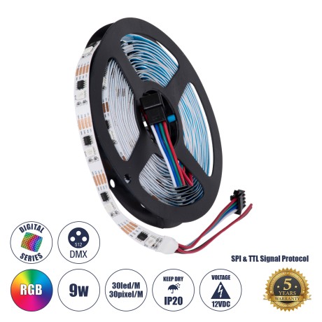 GLOBOSTAR® DIGIPRO  Ψηφιακή Pixel Addressable Ταινία LED 9W/m 540lm/m 120° DC 12V IP20 30 x SMD5050 Chip/m 30 x Pixel/m RGB Dimmable SPI/TTL Protocol IC TM1908 - Sanan SMD Chip - Μ500 x Π1 x Υ0.2cm - Ρολό 5 Μέτρων