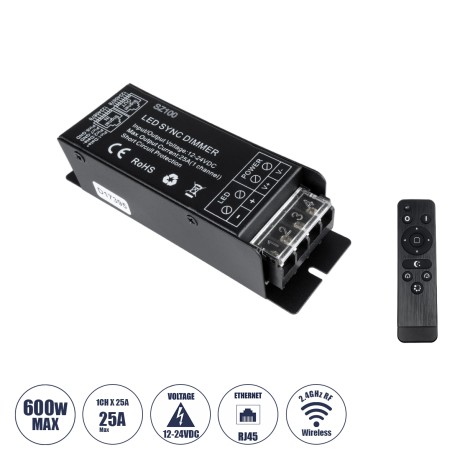 GLOBOSTAR® DIMMERIO  Σετ Dimmer με RF Ασύρματο Χειριστήριο με 1 x 25A 600W Κανάλι DC 12-24V 25A 600W Max IP20 - RF2.4Ghz SYNC - Μ12.7 x Π4 x Υ3.2cm