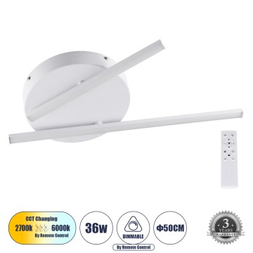 GLOBOSTAR® DRACO  Μοντέρνο Φωτιστικό Οροφής LED 36W 4428lm 120° AC 220-240V IP20 Ρυθμιζόμενο Λευκό CCT με Χειριστήριο από 2700K έως 6000K Dimmable - Lumileds SMD Chip - Λευκό Ματ - Μ50 x Π50 x Υ6cm
