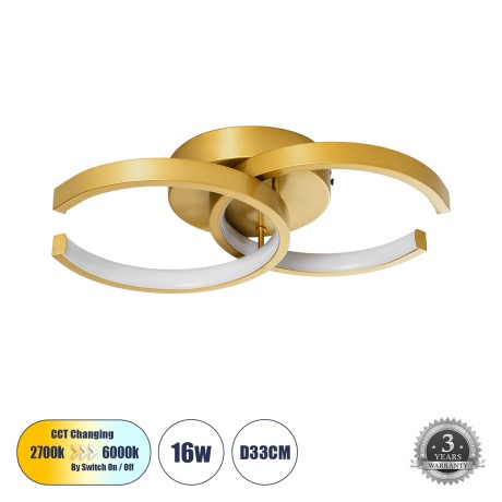 GLOBOSTAR® EVA  Μοντέρνο Φωτιστικό Οροφής LED 16W 1920lm 300° AC 220-240V IP20 Ρυθμιζόμενο Λευκό CCT με On/Off 2700K/4500K/6000K - Lumileds SMD Chip - Χρυσό Βούρτσας - Μ33 x Π21 x Υ7cm