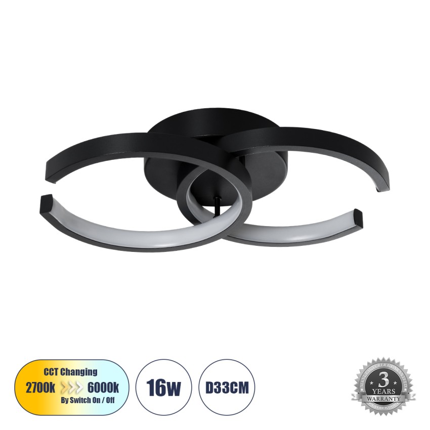 GLOBOSTAR® EVA  Μοντέρνο Φωτιστικό Οροφής LED 16W 1920lm 300° AC 220-240V IP20 Ρυθμιζόμενο Λευκό CCT με On/Off 2700K/4500K/6000K - Lumileds SMD Chip - Μαύρο Ματ - Μ33 x Π21 x Υ7cm