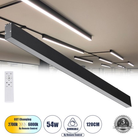 GLOBOSTAR® FELIX 61028-S Μοντέρνο Φωτιστικό Οροφής LED 54W 6500lm 120° AC 220-240V IP20 Ρυθμιζόμενο Λευκό CCT με Χειριστήριο από 2700K έως 6000K Dimmable - Lumileds SMD Chip - Μαύρο Ματ - Μ120 x Π3.5 x Υ7cm