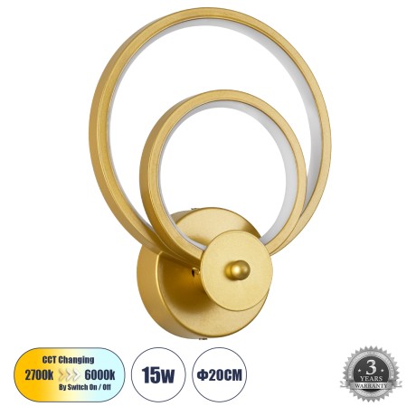 GLOBOSTAR® FREDDIE  Μοντέρνο Φωτιστικό Τοίχου - Απλίκα LED 15W 1080lm 300° AC 220-240V IP20 Ρυθμιζόμενο Λευκό CCT με On/Off 2700K/4500K/6000K - Lumileds SMD Chip - Χρυσό Βούρτσας - Μ20 x Π7.5 x Υ25cm