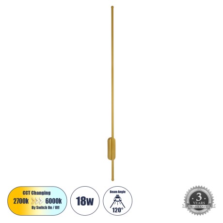 GLOBOSTAR® HARLEM  Μοντέρνο Φωτιστικό Τοίχου - Απλίκα LED 18W 2160lm 120° AC 220-240V IP20 Ρυθμιζόμενο Λευκό CCT με On/Off 2700K/4500K/6000K - Lumileds SMD Chip - Χρυσό Βούρτσας - Μ5 x Π4 x Υ120cm