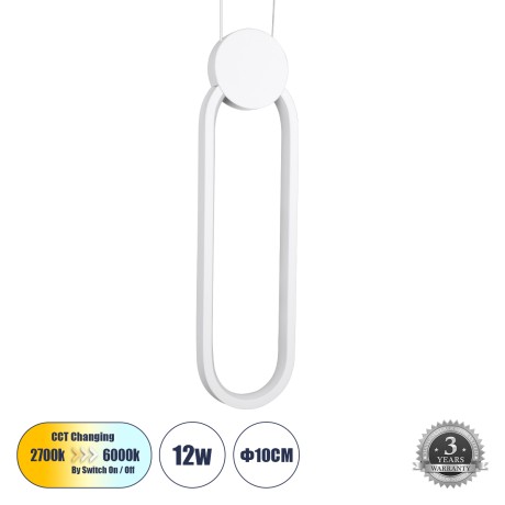 GLOBOSTAR® ILDI  Μοντέρνο Κρεμαστό Φωτιστικό Οροφής LED 12W 1440lm 300° AC 220-240V IP20 Ρυθμιζόμενο Λευκό CCT με On/Off 2700K/4500K/6000K - Lumileds SMD Chip - Λευκό Ματ - Μ10 x Π2.3 x Υ38cm
